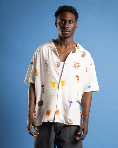 NOMADIC PARADISE Collector Linen Cropped Resort Shirt- Mushies