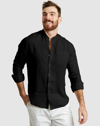 MECHMOTO 2501LS43A Chinese Collar Linen Shirt - Black