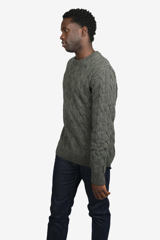JAMES HARPER OLIVE COTTON CHUNKY CABLE CREW NECK JUMPER
