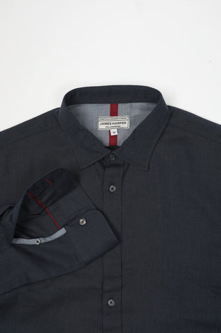 James Harper JHS580 Herringbone Long Sleeve Shirt - Navy