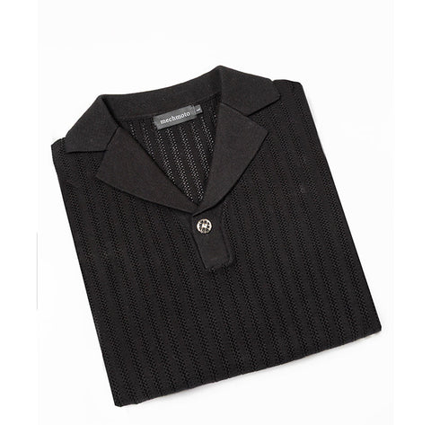 MECHMOTO 2602PO05 Self Stripe Johnny Collar Polo - Black