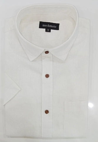 Mechmoto Linen Short-Sleeve Shirt with Chest Pocket and Back Box Pleat - Natural
