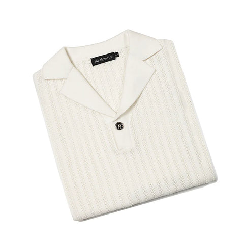 MECHMOTO 2602PO03 Self Stripe Johnny Collar Polo - White