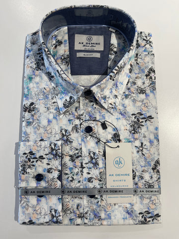 AK DEMIRE AKTUR-264 L/S Floral Print Shirt - White/Blue/Black