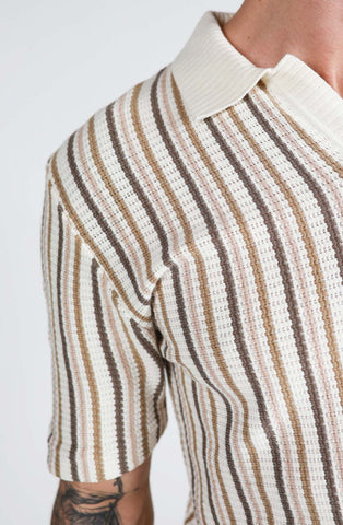 JAMES HARPER JHK761 Striped Open Neck Polo Knit Shirt - Natural