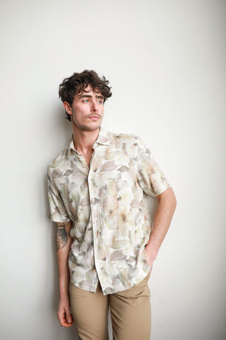 JAMES HARPER JHS611 Floral Short Sleeve Watercolour Linen Shirt - Natural