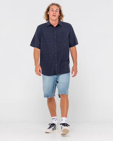 RUSTY OVERTONE SHORT SLEEVE LINEN SHIRT - Navy Blue