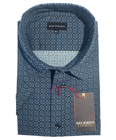 Blue Horizon BH48662 Poly Cotton Print S/S Shirt - Indigo