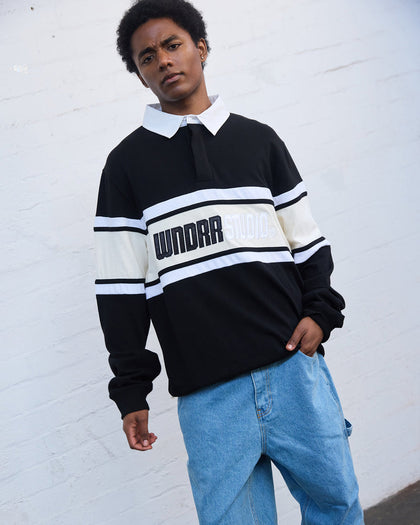 WNDRR STUDIO PANEL RUGBY POLO - FADED BLACK